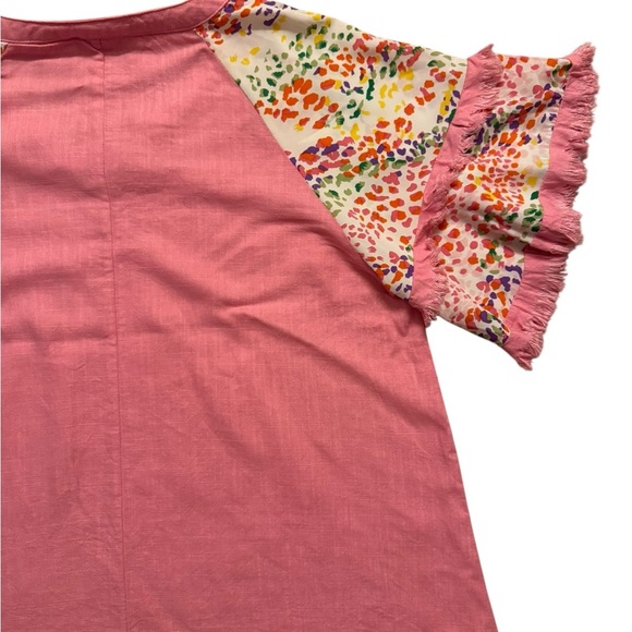 Umgee Blouse Womens 1XL Short Sleeve Pink Frayed Ruffled Cheetah Top Boho.   C42 - Picture 9 of 13